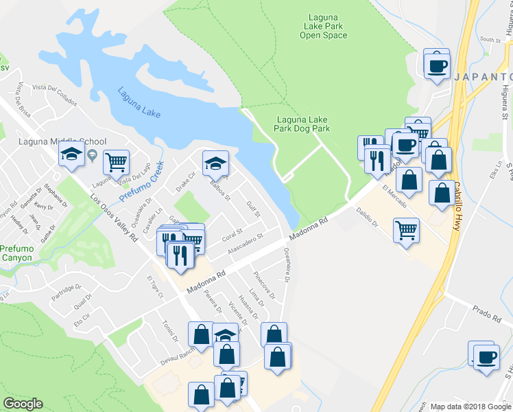 map of restaurants, bars, coffee shops, grocery stores, and more near 1520 Gulf Street in San Luis Obispo