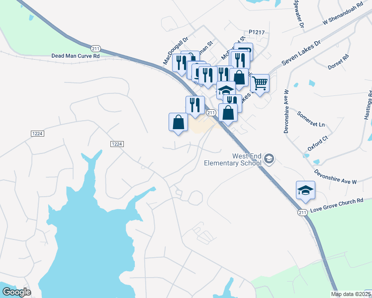 map of restaurants, bars, coffee shops, grocery stores, and more near 112 Pinnacle Court in Seven Lakes