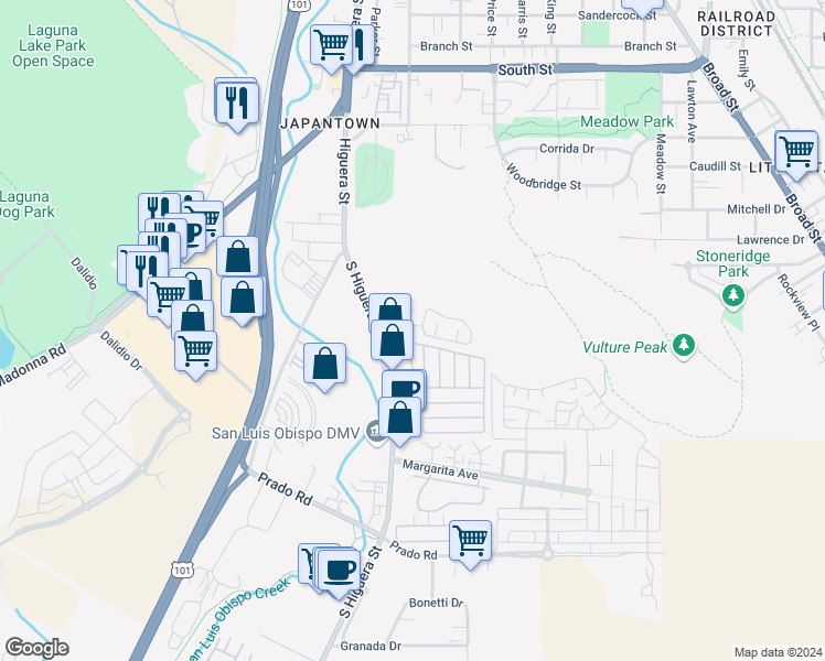 map of restaurants, bars, coffee shops, grocery stores, and more near 135 Fontana Avenue in San Luis Obispo