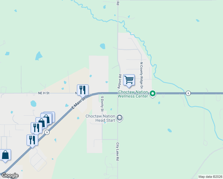 map of restaurants, bars, coffee shops, grocery stores, and more near 1518 Oklahoma 9 in Stigler