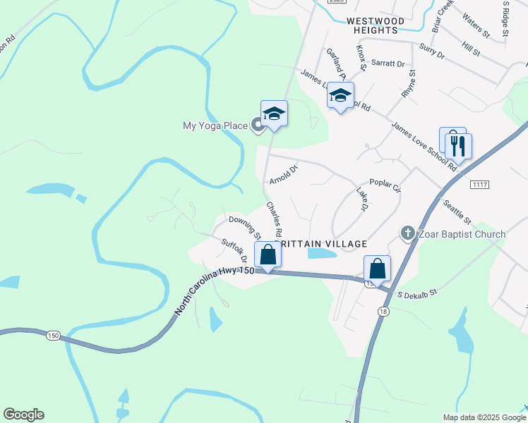 map of restaurants, bars, coffee shops, grocery stores, and more near 3032 Charles Road in Shelby