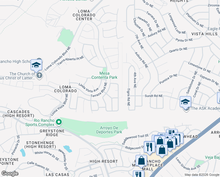 map of restaurants, bars, coffee shops, grocery stores, and more near 108 Monte Vista Drive Northeast in Rio Rancho