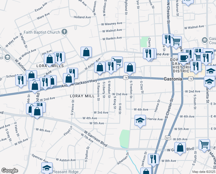 map of restaurants, bars, coffee shops, grocery stores, and more near 211 South Weldon Street in Gastonia