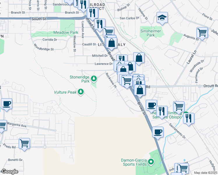 map of restaurants, bars, coffee shops, grocery stores, and more near 3143 Rockview Place in San Luis Obispo