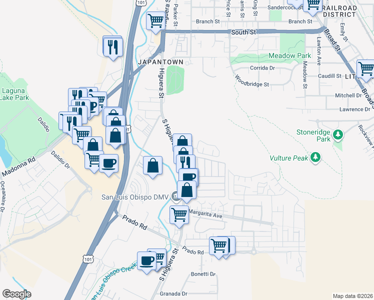 map of restaurants, bars, coffee shops, grocery stores, and more near 2935 South Higuera Street in San Luis Obispo