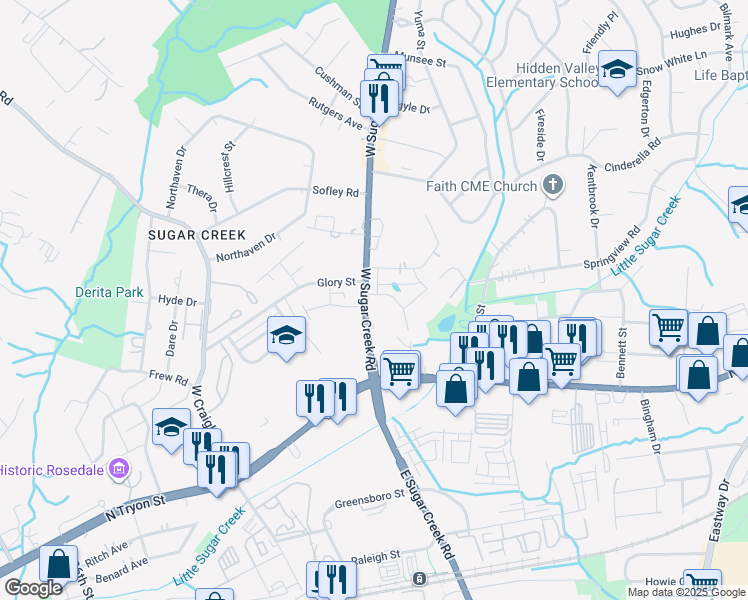 map of restaurants, bars, coffee shops, grocery stores, and more near 200 West Sugar Creek Road in Charlotte