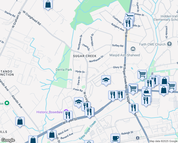 map of restaurants, bars, coffee shops, grocery stores, and more near 424 West Craighead Road in Charlotte
