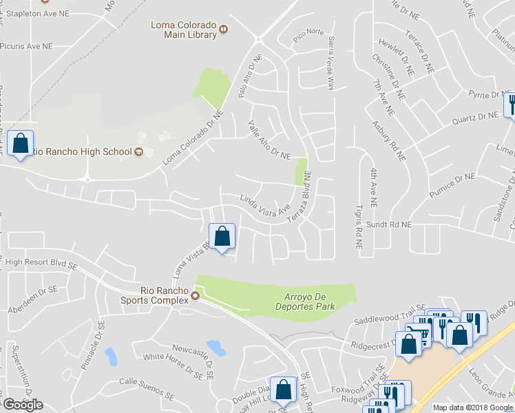 map of restaurants, bars, coffee shops, grocery stores, and more near 3806 Linda Vista Avenue in Rio Rancho