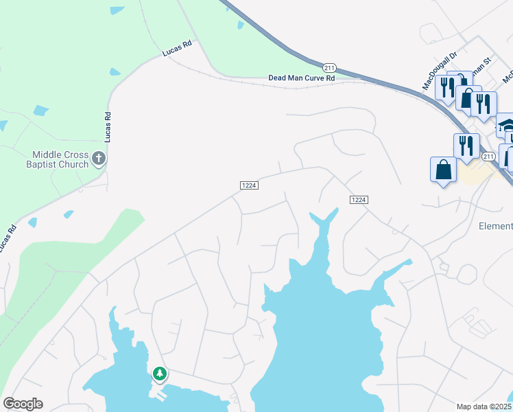 map of restaurants, bars, coffee shops, grocery stores, and more near 105 Ritter Drive in Seven Lakes