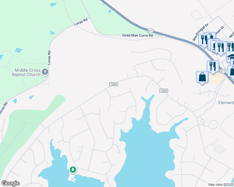 map of restaurants, bars, coffee shops, grocery stores, and more near 105 Ritter Drive in Seven Lakes