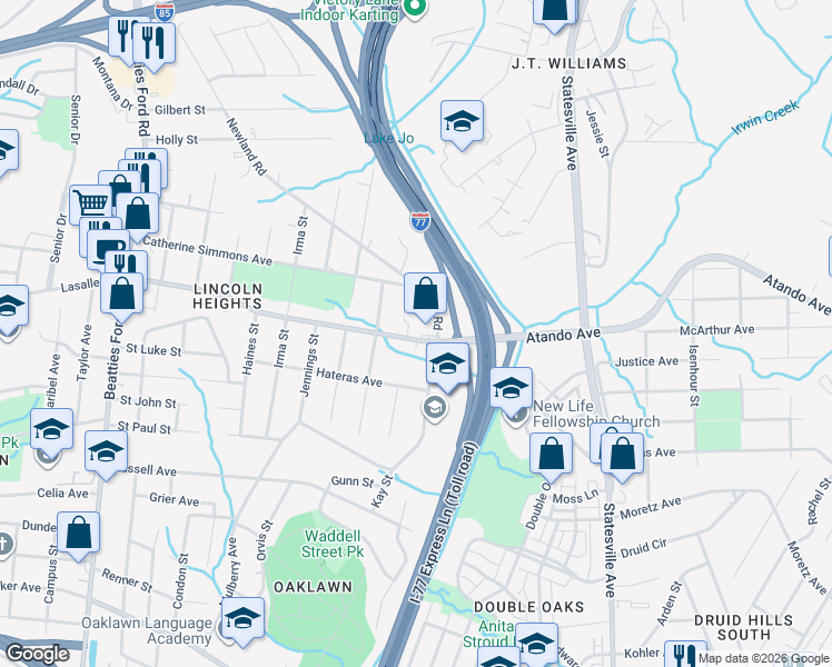 map of restaurants, bars, coffee shops, grocery stores, and more near 1316 Lasalle Street in Charlotte