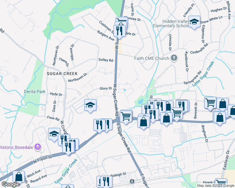 map of restaurants, bars, coffee shops, grocery stores, and more near 200 West Sugar Creek Road in Charlotte