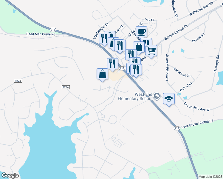 map of restaurants, bars, coffee shops, grocery stores, and more near 211 P3132 in Seven Lakes