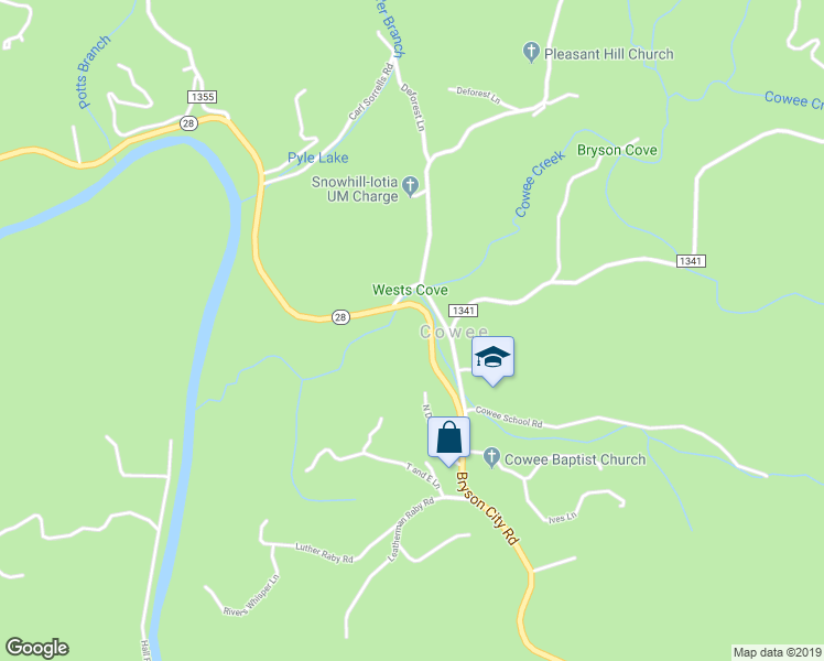 map of restaurants, bars, coffee shops, grocery stores, and more near 6800 Bryson City Road in Franklin