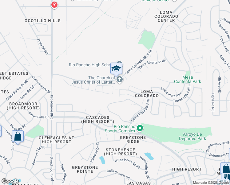 map of restaurants, bars, coffee shops, grocery stores, and more near 3411 Llano Vista Loop Northeast in Rio Rancho