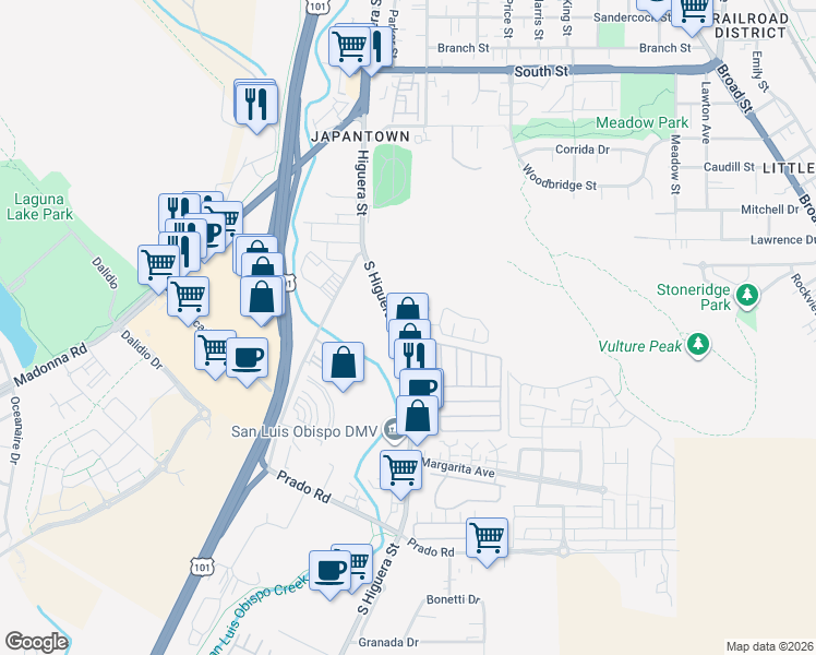 map of restaurants, bars, coffee shops, grocery stores, and more near 2885 South Higuera Street in San Luis Obispo
