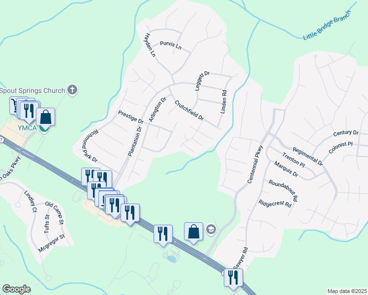 map of restaurants, bars, coffee shops, grocery stores, and more near 26 Petticoat Way in Cameron