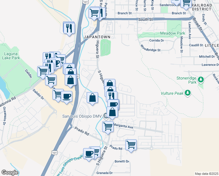 map of restaurants, bars, coffee shops, grocery stores, and more near 103 Fontana Avenue in San Luis Obispo