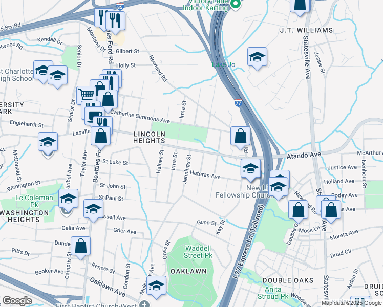 map of restaurants, bars, coffee shops, grocery stores, and more near 2012 Jennings Street in Charlotte