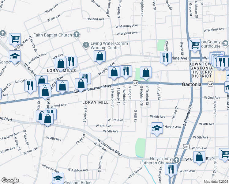 map of restaurants, bars, coffee shops, grocery stores, and more near 1005 West Franklin Boulevard in Gastonia