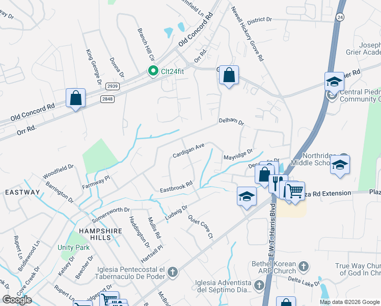 map of restaurants, bars, coffee shops, grocery stores, and more near 6110 Eastbrook Road in Charlotte