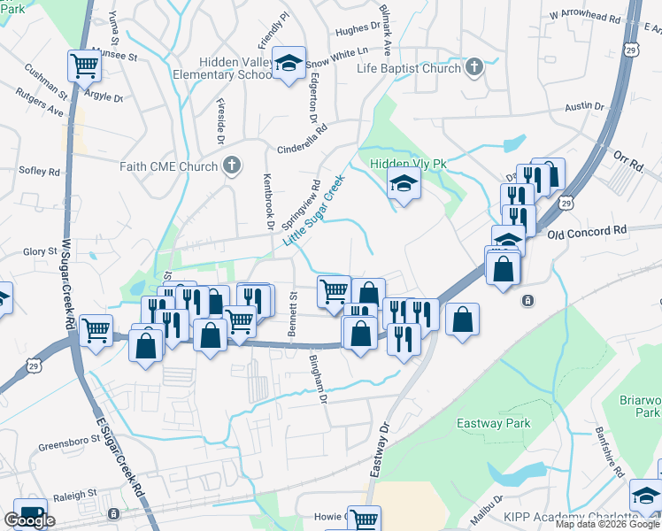 map of restaurants, bars, coffee shops, grocery stores, and more near 417 Lambeth Drive in Charlotte