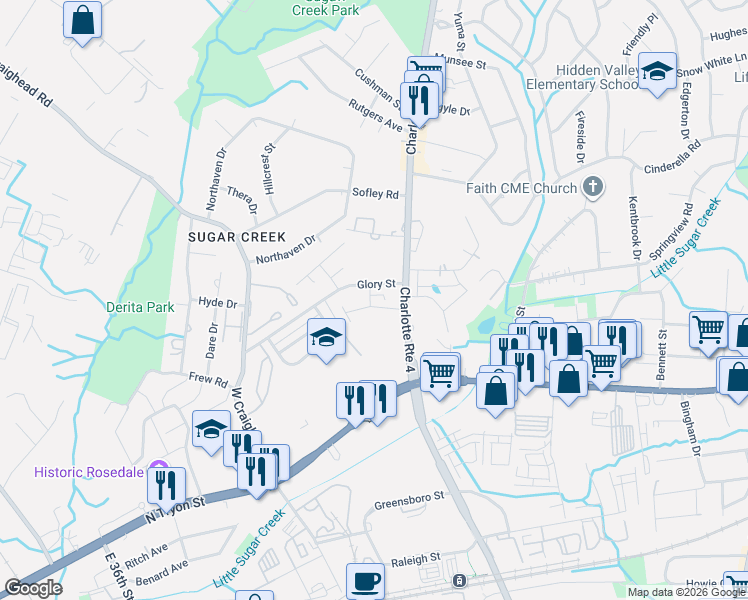 map of restaurants, bars, coffee shops, grocery stores, and more near 301 West Sugar Creek Road in Charlotte