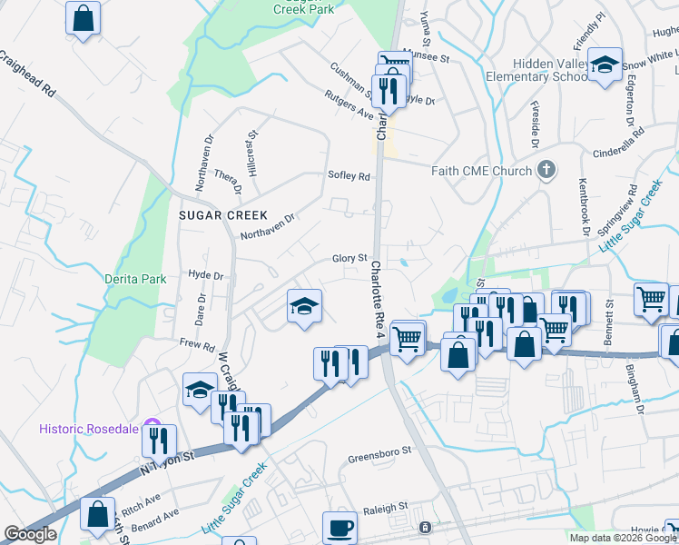 map of restaurants, bars, coffee shops, grocery stores, and more near 4125 Glory Street in Charlotte