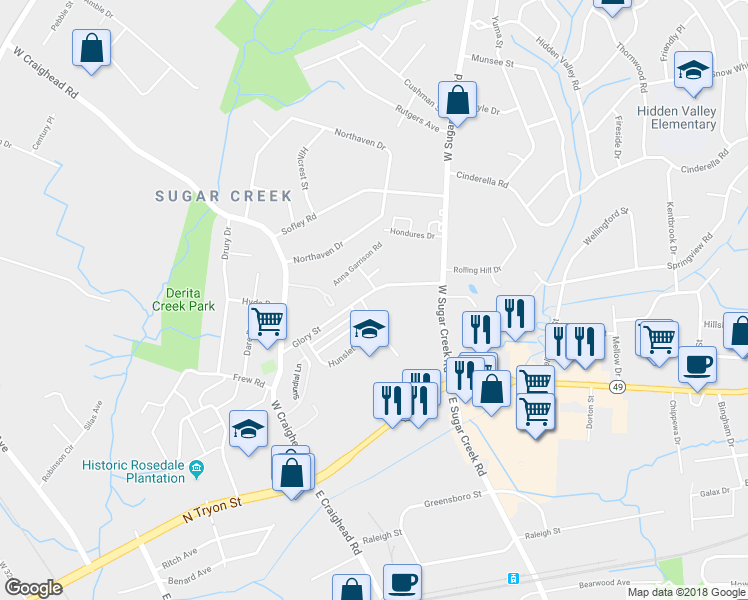 map of restaurants, bars, coffee shops, grocery stores, and more near 4125 Glory Street in Charlotte