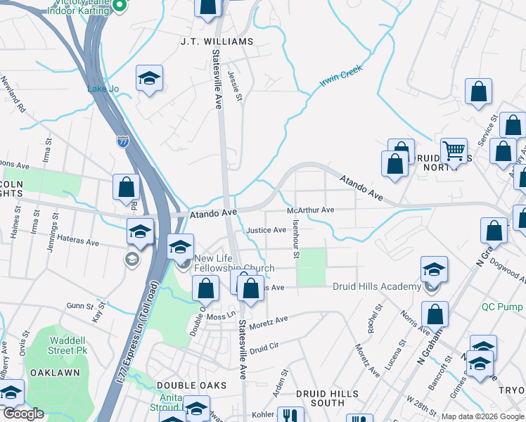 map of restaurants, bars, coffee shops, grocery stores, and more near 1115 Wainwright Avenue in Charlotte