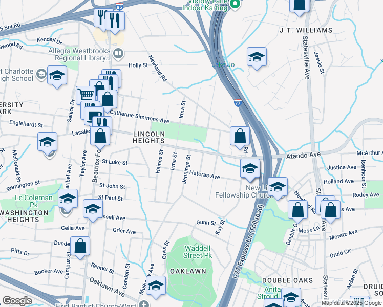 map of restaurants, bars, coffee shops, grocery stores, and more near 2012 Jennings Street in Charlotte