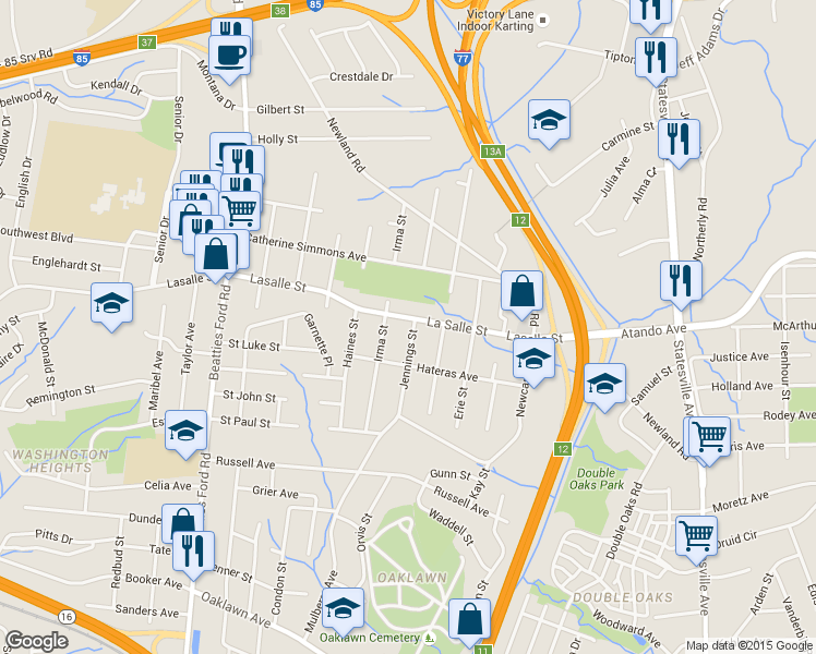 map of restaurants, bars, coffee shops, grocery stores, and more near 2012 Jennings Street in Charlotte