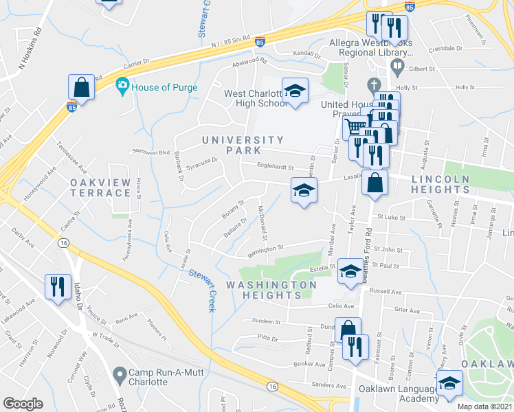 map of restaurants, bars, coffee shops, grocery stores, and more near 2712 Botany Street in Charlotte
