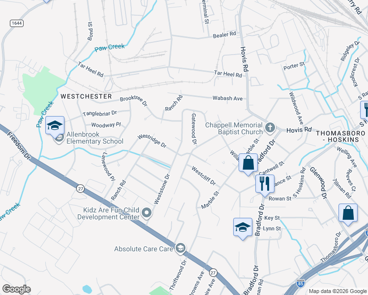 map of restaurants, bars, coffee shops, grocery stores, and more near 1439 Weststone Drive in Charlotte