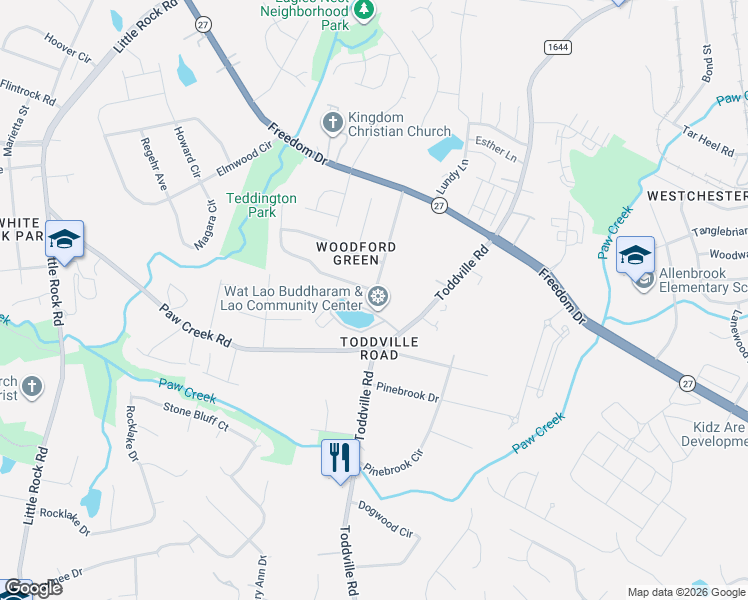 map of restaurants, bars, coffee shops, grocery stores, and more near 1734 Teddington Drive in Charlotte
