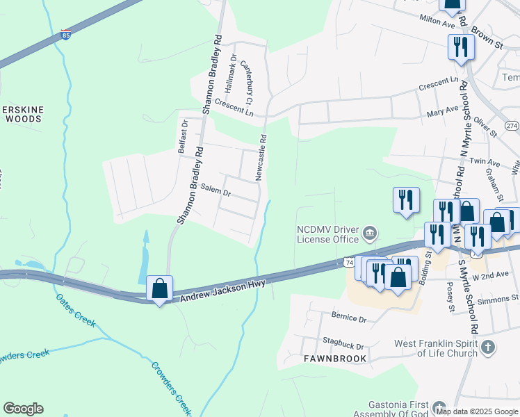 map of restaurants, bars, coffee shops, grocery stores, and more near 3000 Salem Drive in Gastonia