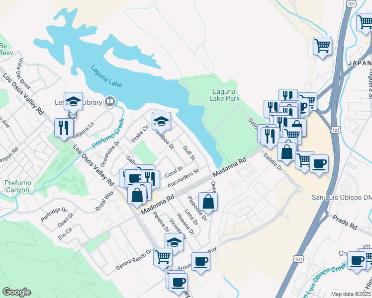map of restaurants, bars, coffee shops, grocery stores, and more near 1556 Gulf Street in San Luis Obispo