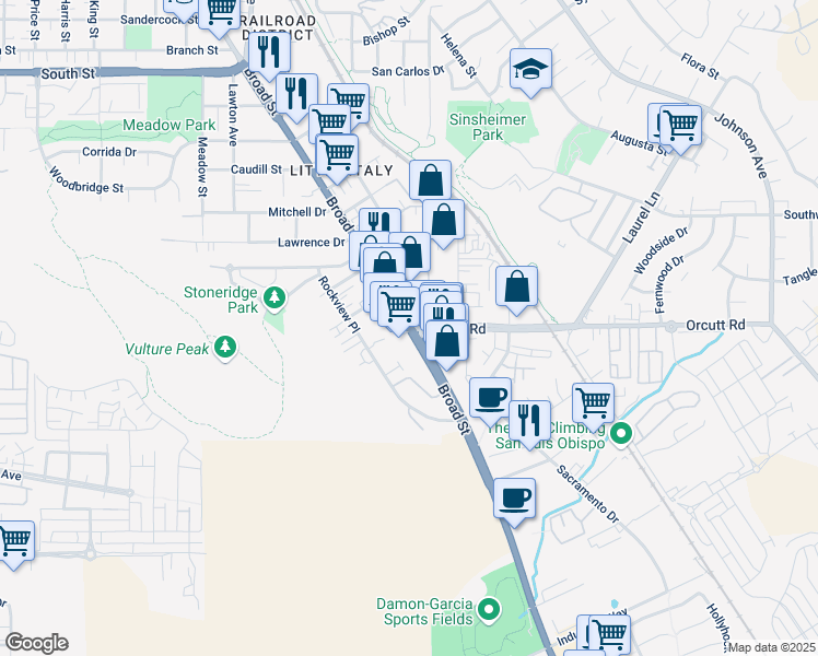 map of restaurants, bars, coffee shops, grocery stores, and more near Broad St & Orcutt Rd in San Luis Obispo