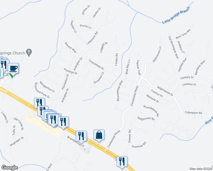 map of restaurants, bars, coffee shops, grocery stores, and more near 71 Abigail Way in Cameron