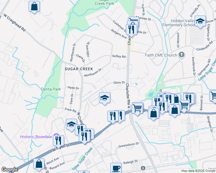 map of restaurants, bars, coffee shops, grocery stores, and more near 4125 Glory Street in Charlotte
