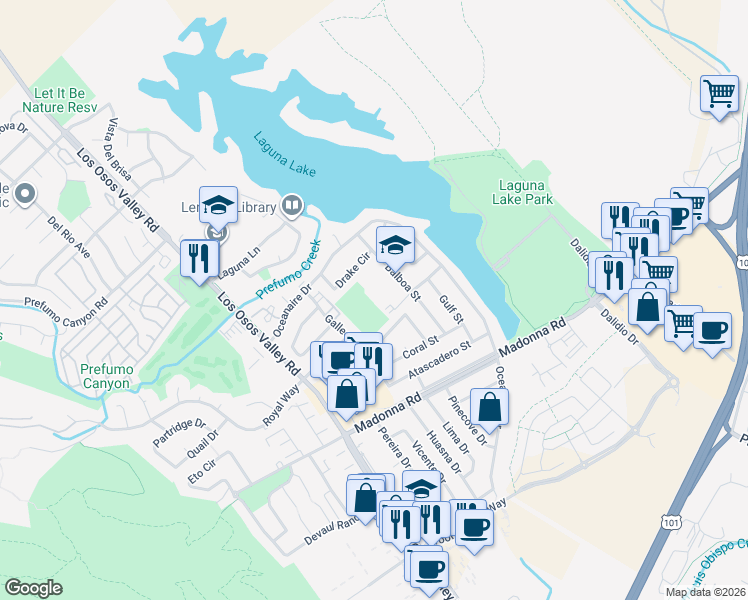 map of restaurants, bars, coffee shops, grocery stores, and more near 1375 Balboa Street in San Luis Obispo