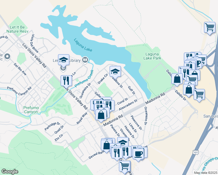 map of restaurants, bars, coffee shops, grocery stores, and more near 1375 Balboa Street in San Luis Obispo