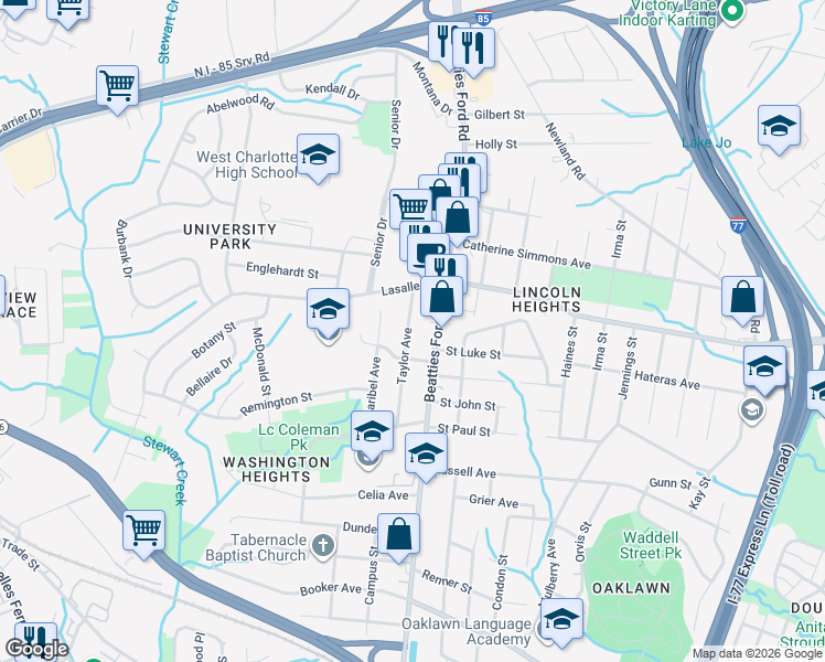 map of restaurants, bars, coffee shops, grocery stores, and more near 1916 Taylor Avenue in Charlotte