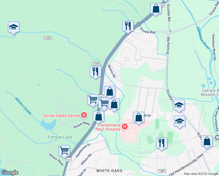 map of restaurants, bars, coffee shops, grocery stores, and more near Doty Drive in Brevard