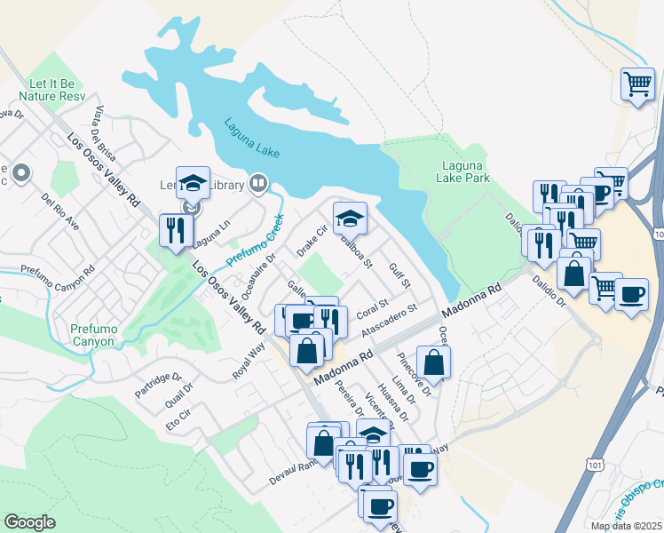 map of restaurants, bars, coffee shops, grocery stores, and more near 1375 Balboa Street in San Luis Obispo