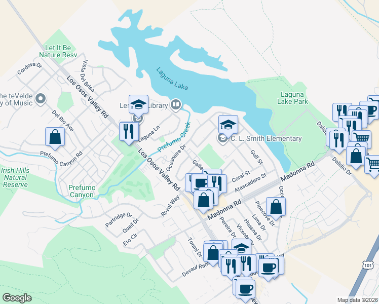 map of restaurants, bars, coffee shops, grocery stores, and more near 1212 Drake Circle in San Luis Obispo