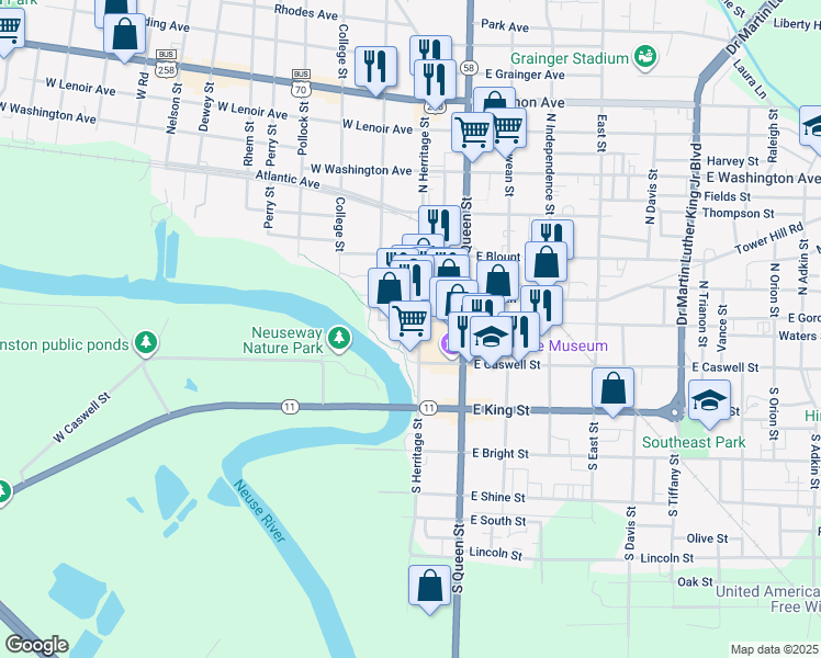 map of restaurants, bars, coffee shops, grocery stores, and more near 300 North Herritage Street in Kinston