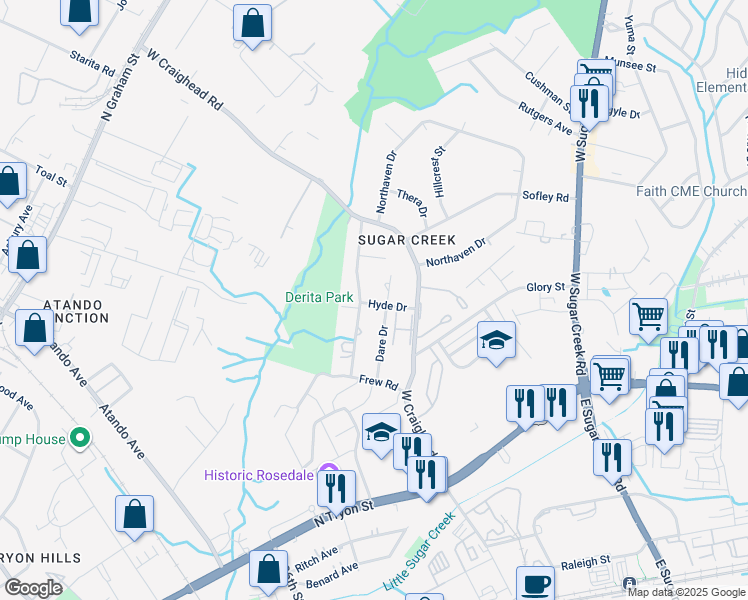 map of restaurants, bars, coffee shops, grocery stores, and more near 517 Dare Drive in Charlotte