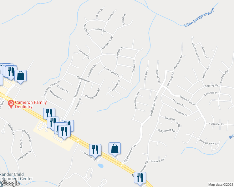 map of restaurants, bars, coffee shops, grocery stores, and more near 40 Abigail Way in Cameron
