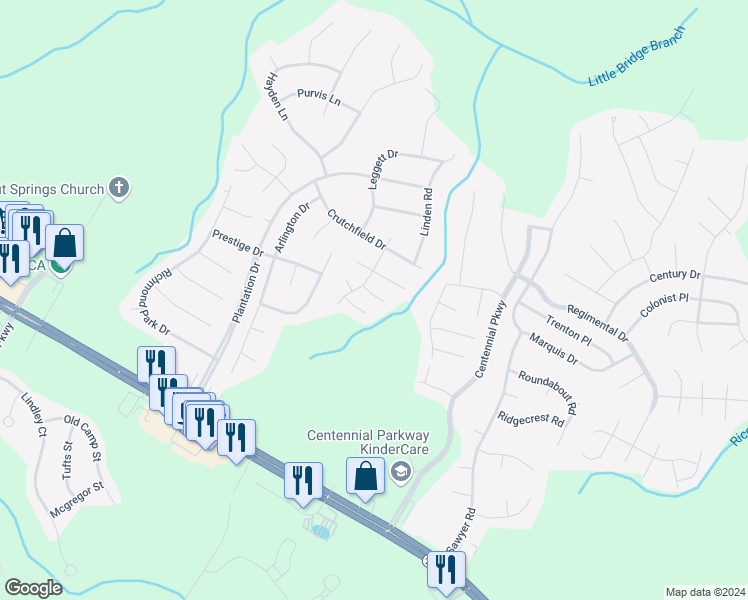 map of restaurants, bars, coffee shops, grocery stores, and more near 40 Abigail Way in Cameron